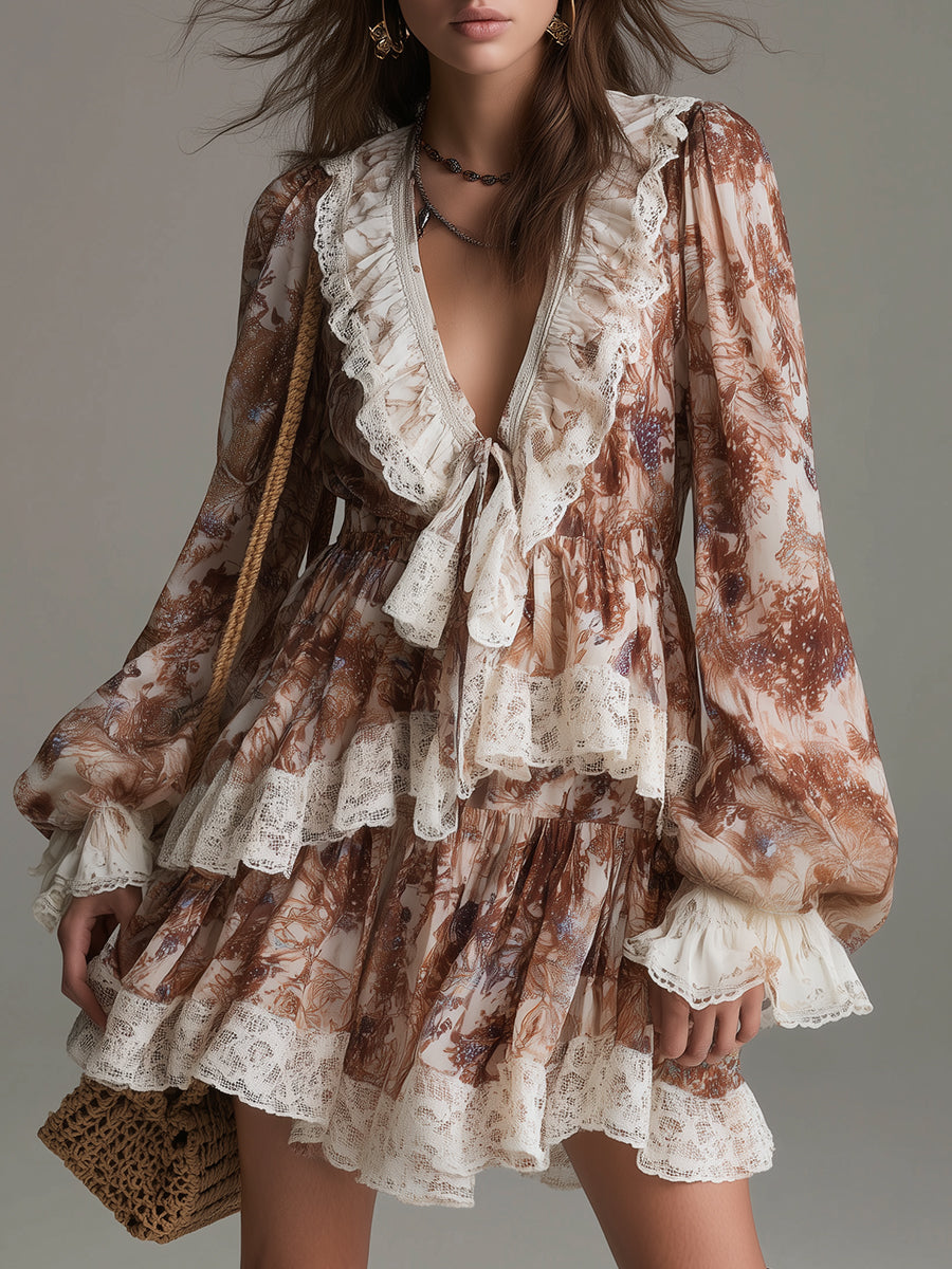 Effortless Brown Floral Mini Dress for Women with Tie Neck Ruffle Tiered Long Sleeve