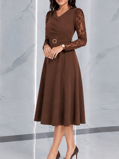Elegant Brown Semi Formal Dress for Women with V Neck Lace Sleeve Belted Fit and Flare Midi Party Style