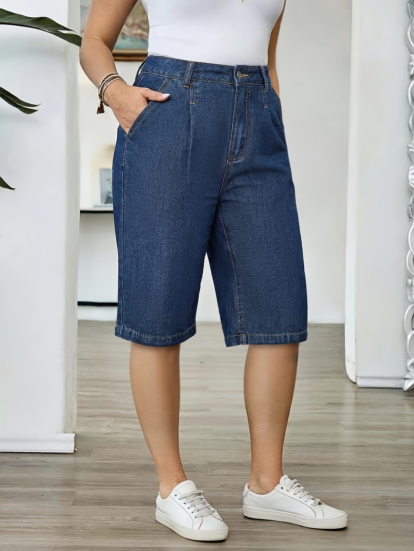 Effortless Blue Denim Bermuda Jean Shorts for Women with High Waist Pleated Wide Leg