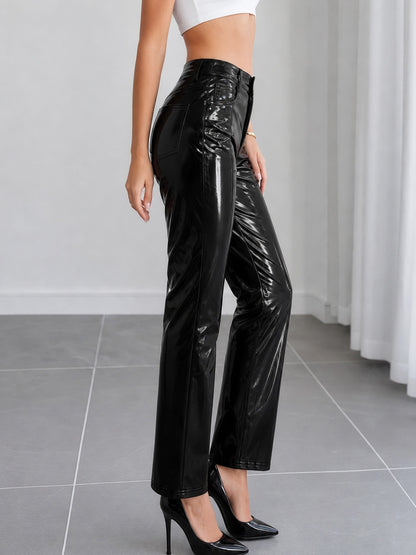 Elegant Black Leather Pants for Women with High Waist Straight Leg Glossy Patent Style