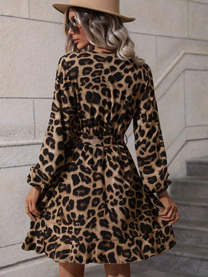 Elegant Leopard Print Wrap Dress for Women with V Neck Long Sleeve Belted Ruffle Hem Style