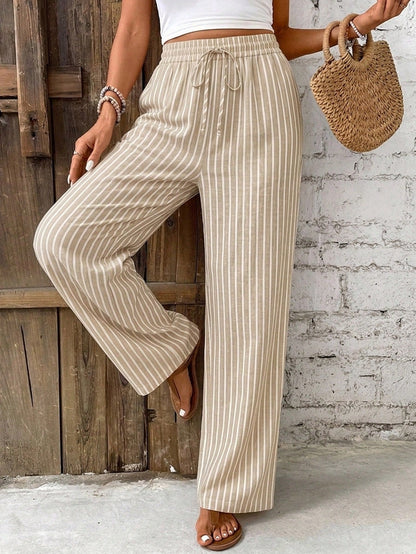 Effortless Striped Linen Wide Leg Pants for Women with High Waist Drawstring Flowing Casual Style