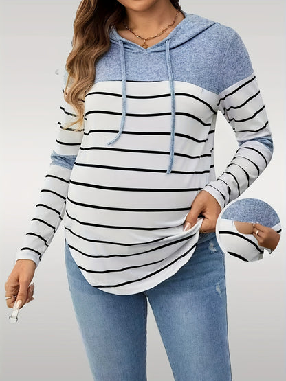 Comfortable Striped Maternity Hoodie for Women with Drawstring Hood Long Sleeve Curved Hem Casual Style