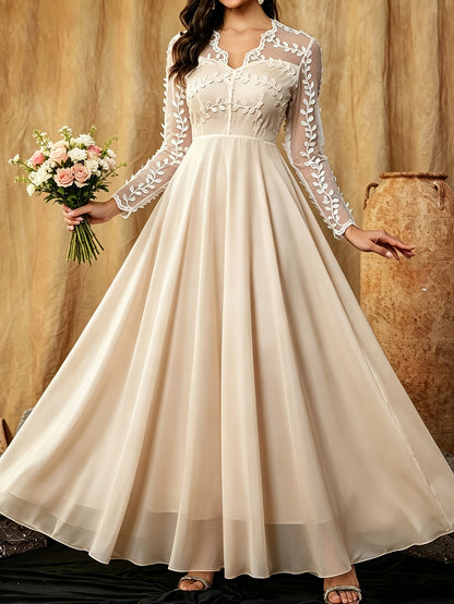 Elegant White Lace Wedding Gown for Women with V Neck Long Sleeve Sheer Applique Flowing Style