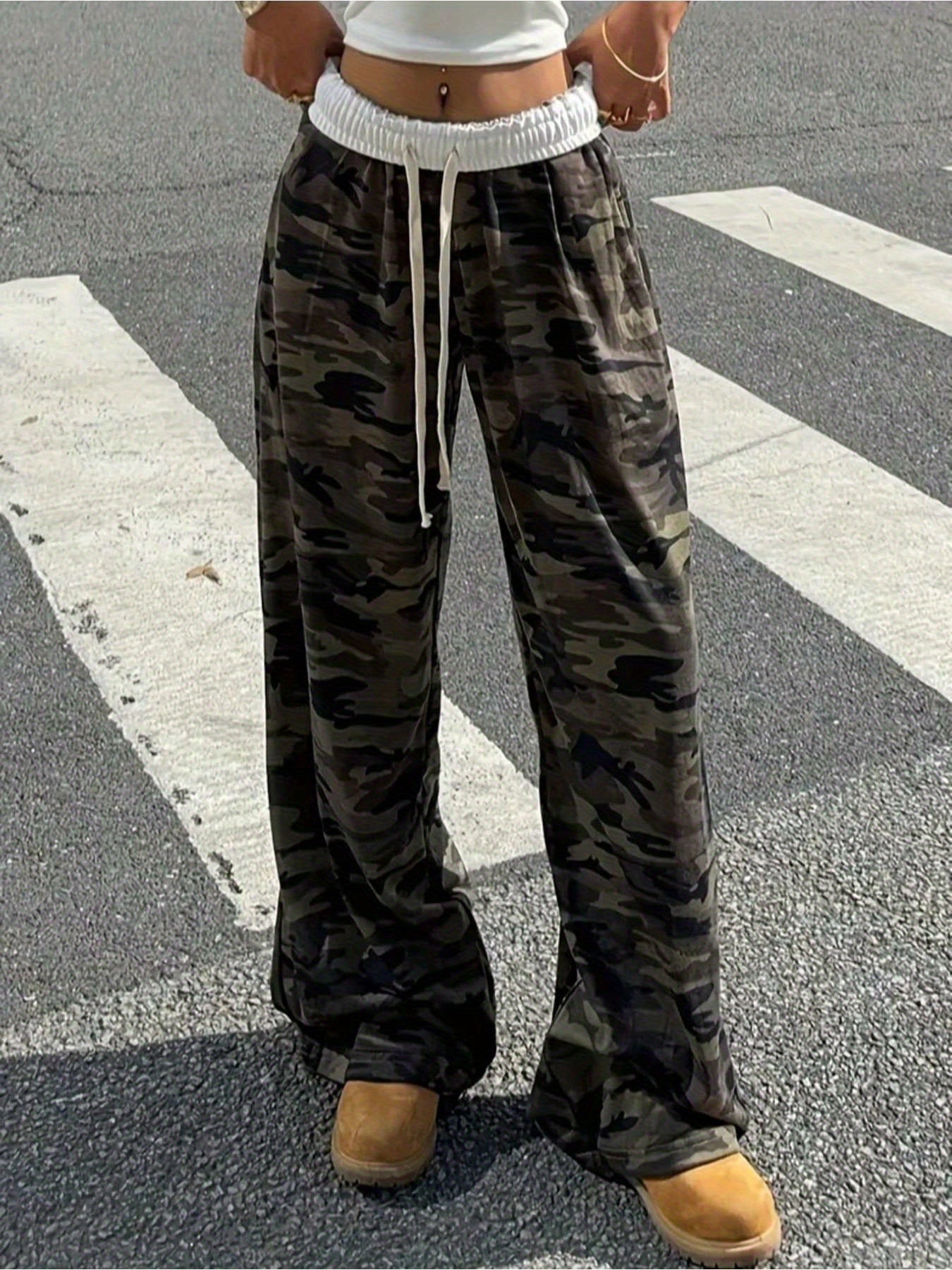 Effortless Army Green Camo Pants for Women with High Waist Drawstring Wide Leg Relaxed Casual Style