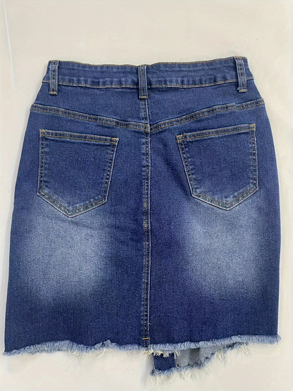Stylish Blue Denim Mini Skirt for Women with High Waist Ripped Button Front Raw Hem Jean Skirt Style