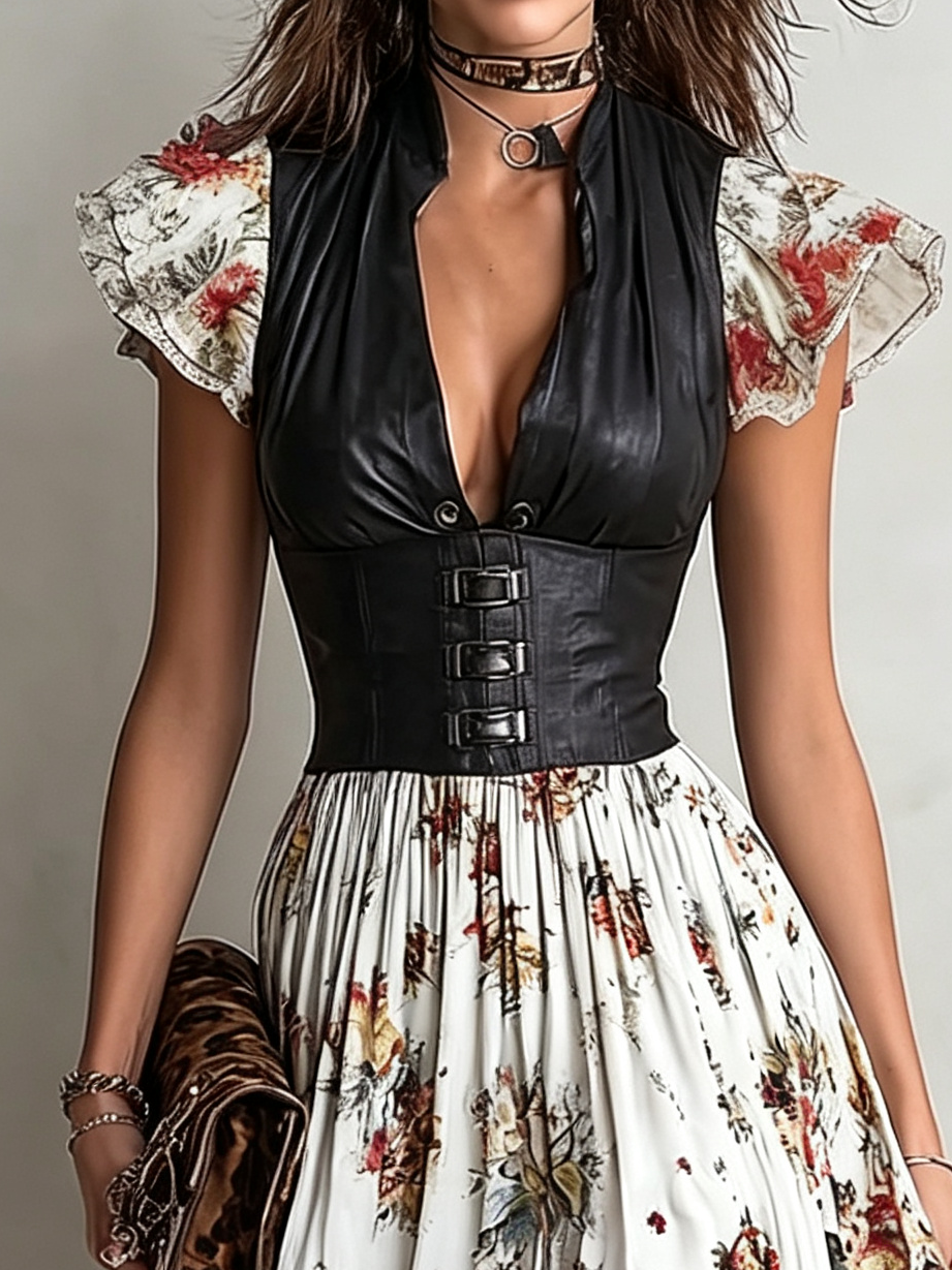 Elegant Floral Midi Dress for Women with Deep V Neck Corset Waist Puff Sleeve High Slit Style