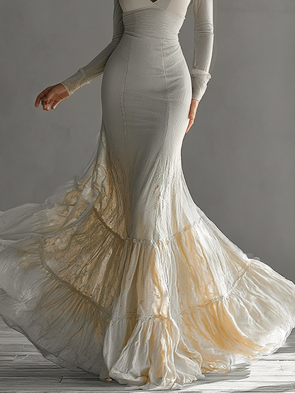 Elegant Beige Maxi Dress for Women with Deep V Neck Long Sleeve Mermaid Ruffle Formal Evening Style