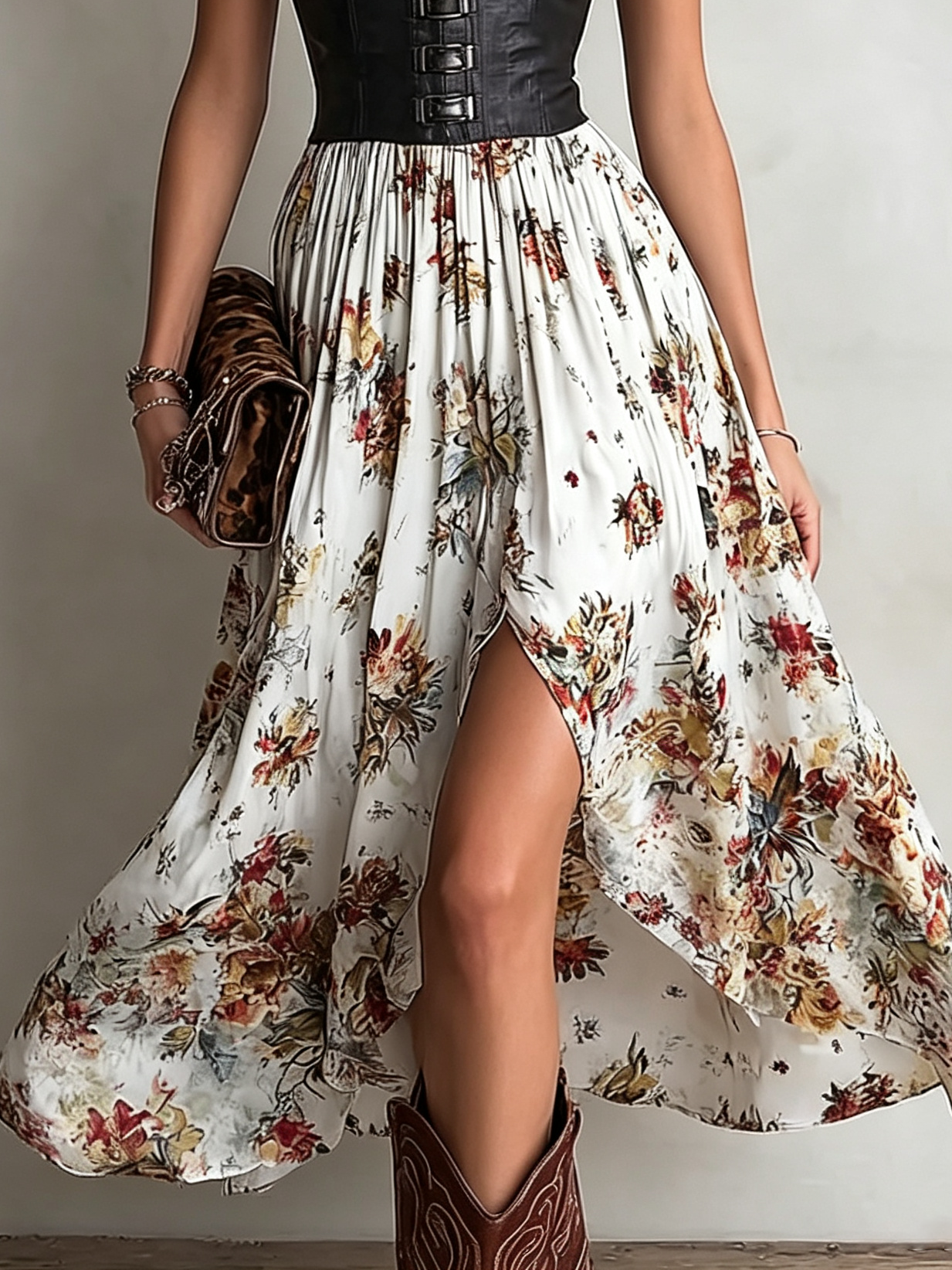 Elegant Floral Midi Dress for Women with Deep V Neck Corset Waist Puff Sleeve High Slit Style