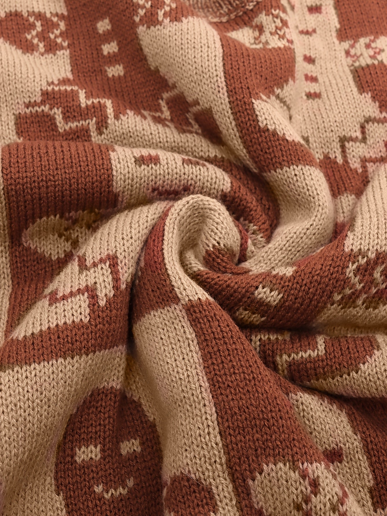 Cozy Light Brown Gingerbread Christmas Sweater for Women with Crew Neck Balloon Sleeve Checkered Oversized Knit Style