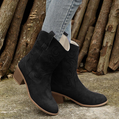 Stylish Suede Cowboy Boots for Women with Embroidered Pointed Toe Block Heel Western Style