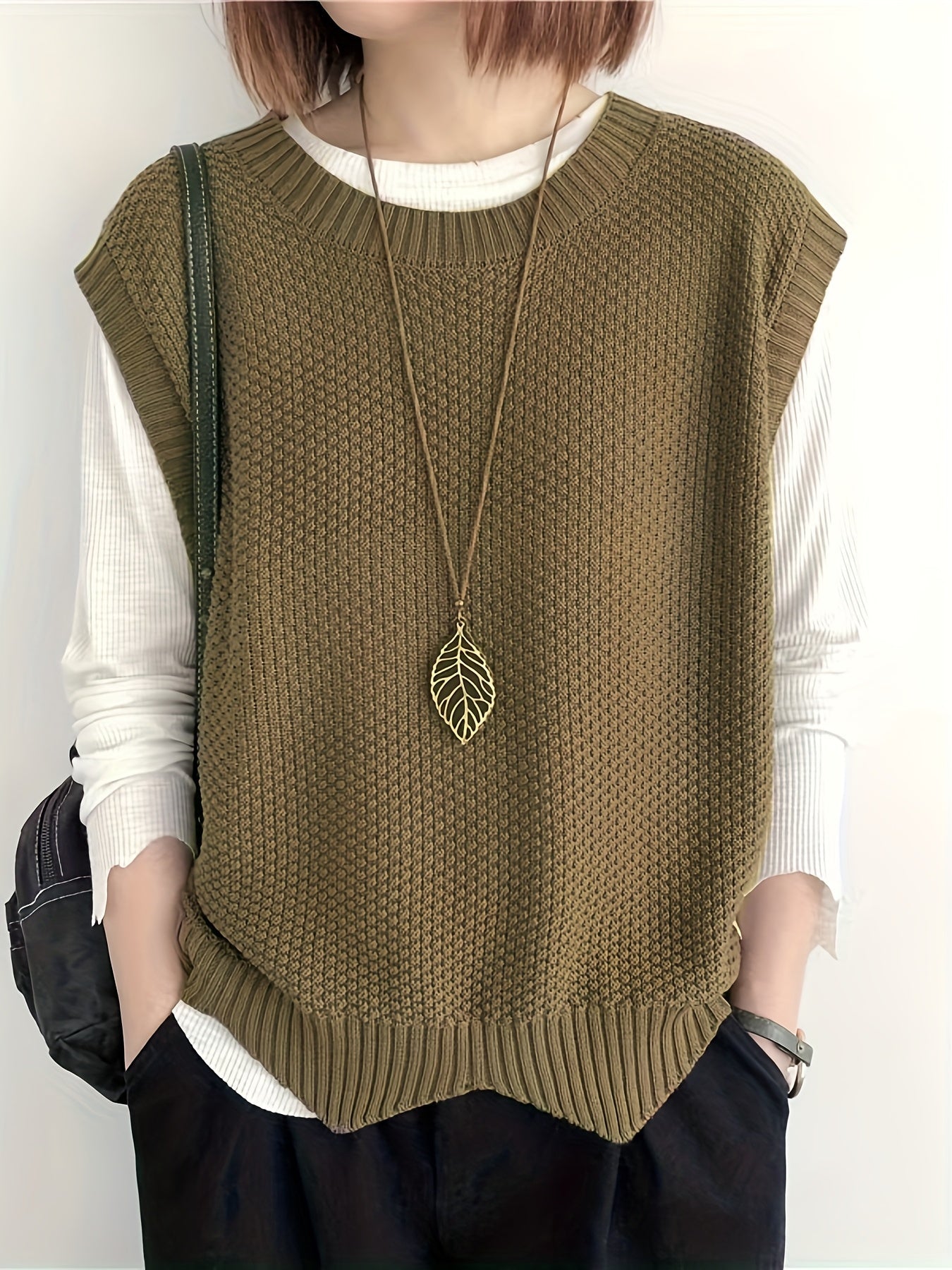Comfortable Chunky Knit Sweater Vest for Women with Crew Neck Sleeveless Ribbed Trim Relaxed Oversized Style