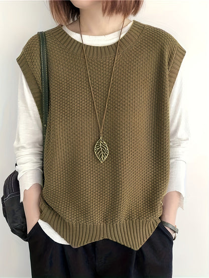 Comfortable Chunky Knit Sweater Vest for Women with Crew Neck Sleeveless Ribbed Trim Relaxed Oversized Style