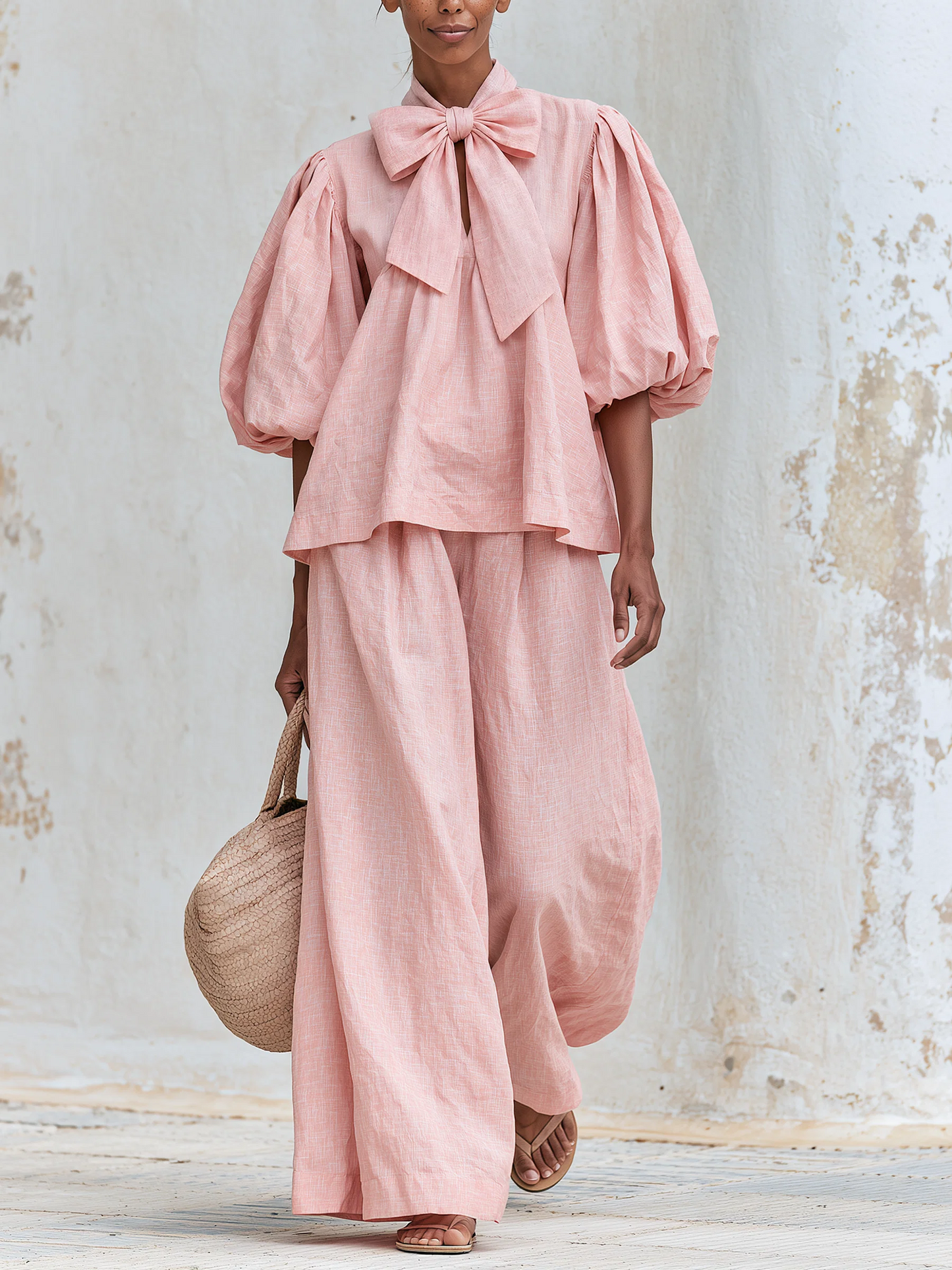 Elegant Pink Linen Pants for Women with Tie Neck Balloon Sleeve Wide Leg Relaxed Style