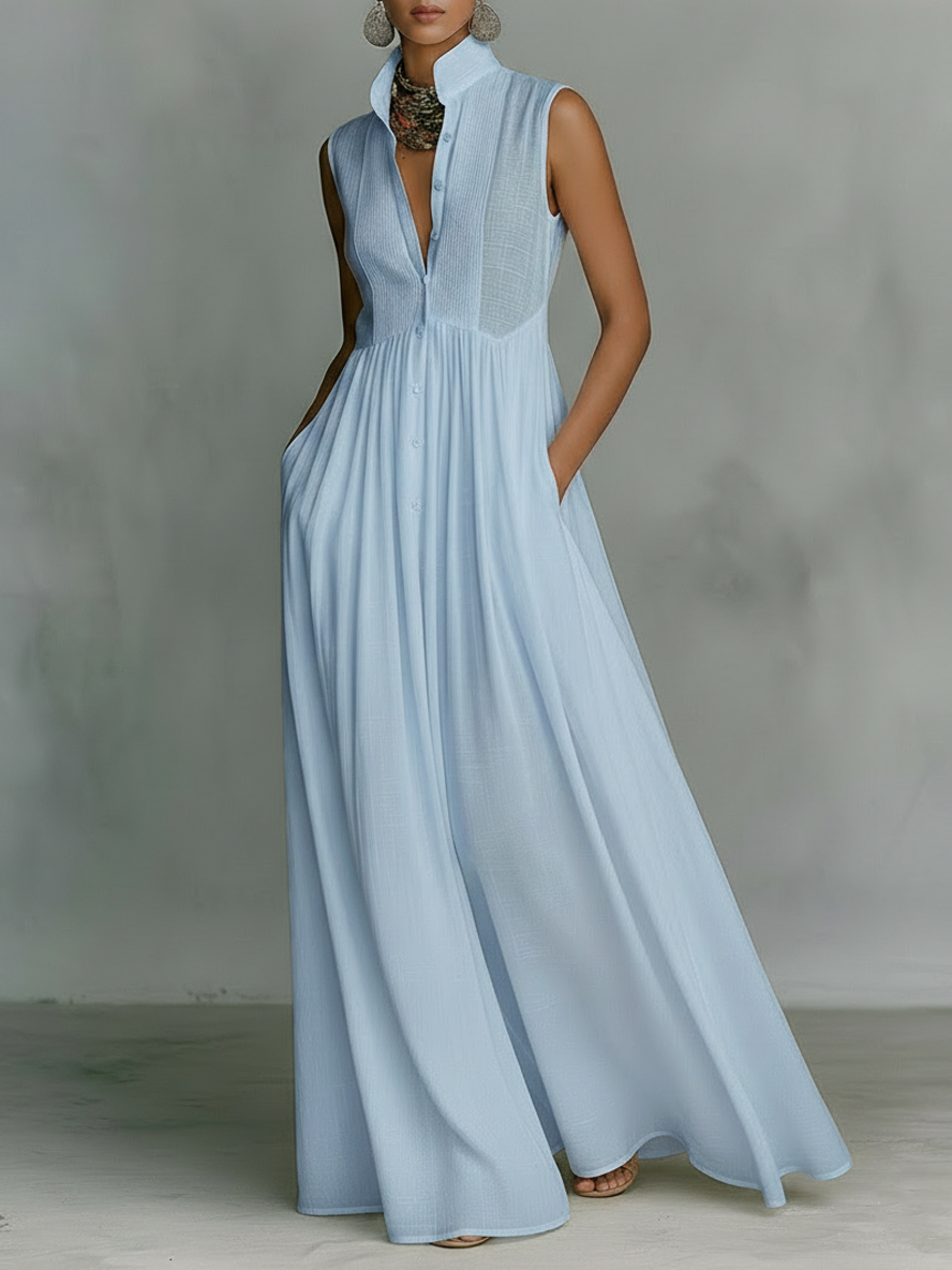 Effortless Blue Linen Maxi Dress for Women with Stand Collar Button Front Pleated Skirt Sleeveless Casual Style