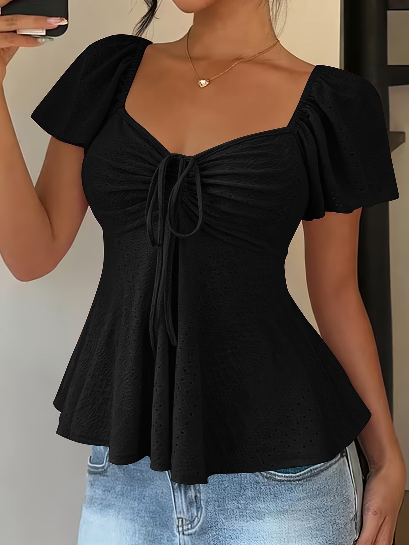 Elegant Eyelet Going Out Top for Women with Sweetheart Neck Flutter Sleeve Ruched Peplum Style
