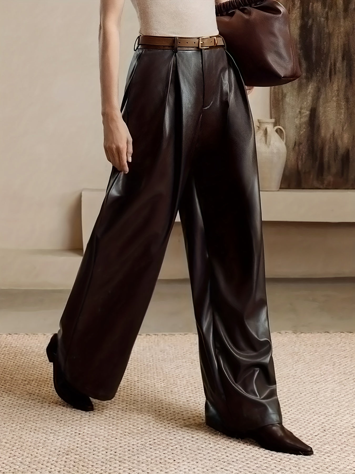 Elegant Coffee Brown Faux Leather Slacks for Women with High Waist Pleated Wide Leg Relaxed Style