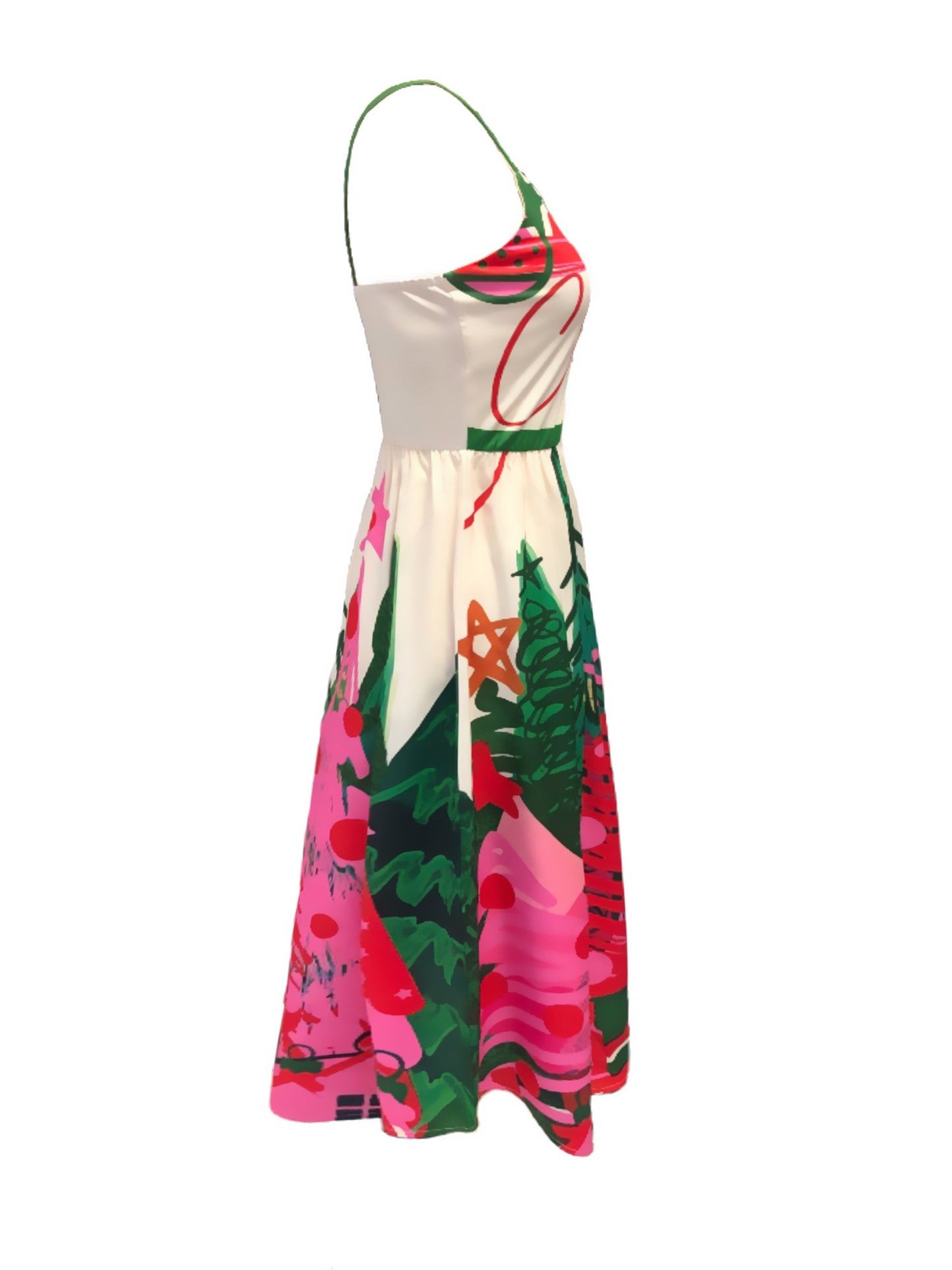 Elegant Festive Print Christmas Party Dress for Women with Scoop Neck Spaghetti Strap A Line Holiday Style
