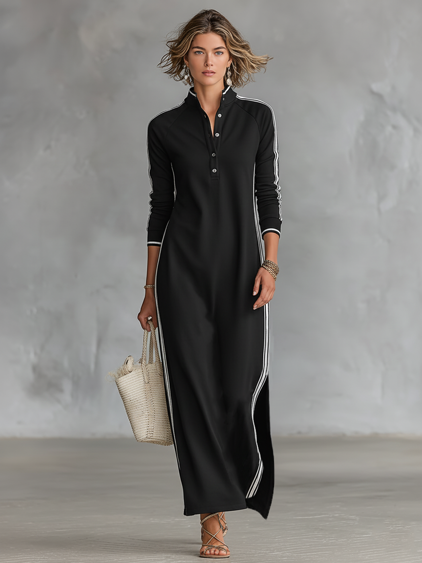 Stylish Shirt Dress for Women with Stand Collar Side Stripe Long Sleeve Sporty Casual Maxi Style