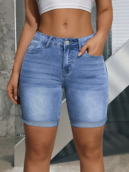 Stylish Blue Denim Shorts for Women with High Waist Stretch Bermuda Button Detail Slim Fit Style