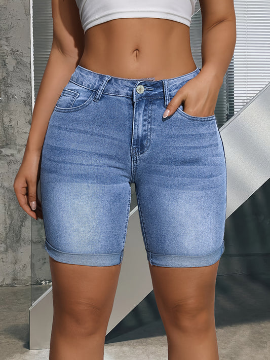 Stylish Blue Denim Shorts for Women with High Waist Stretch Bermuda Button Detail Slim Fit Style