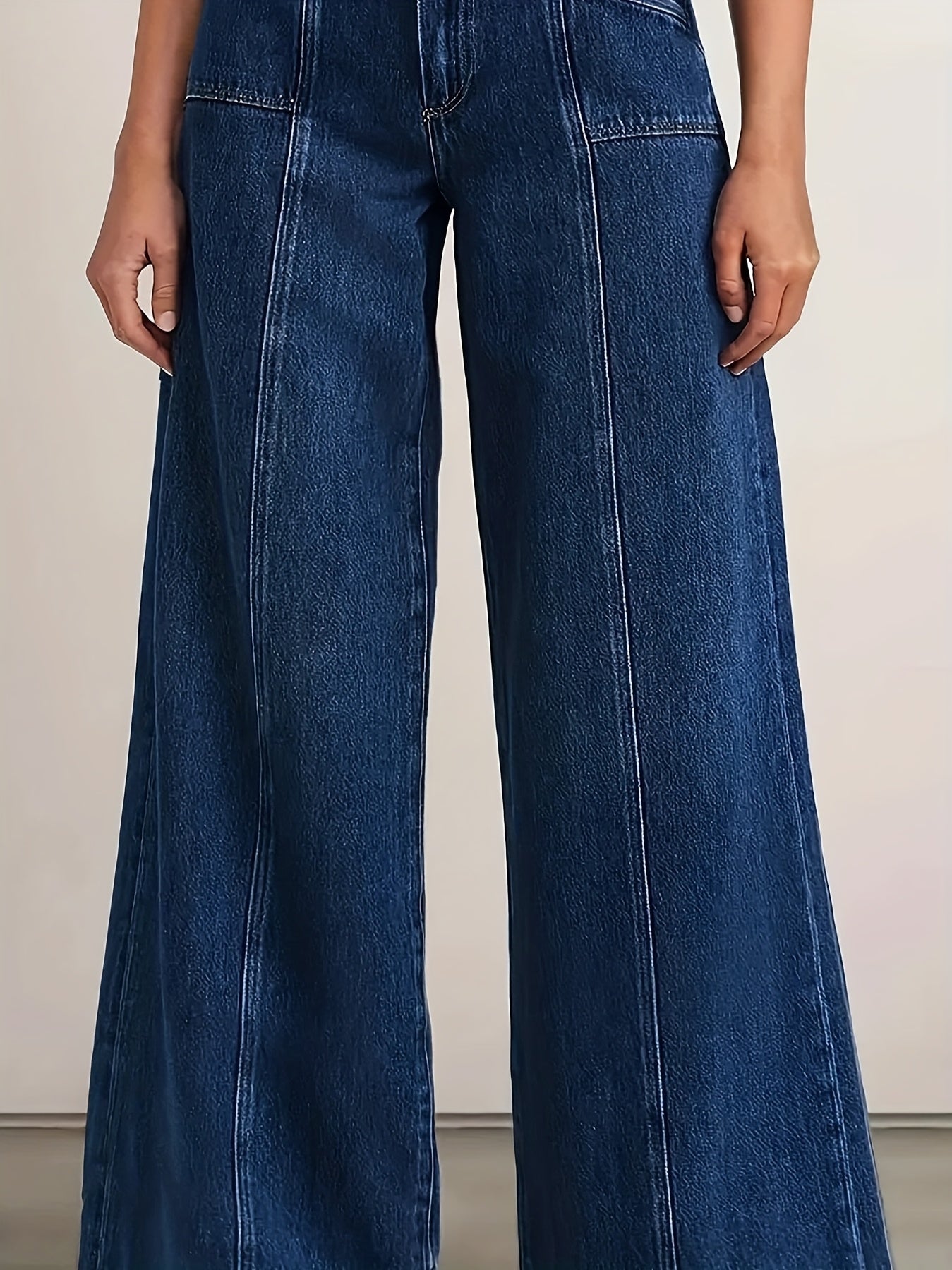 Effortless Blue Denim High Waisted Jeans for Women with Wide Leg Pintuck Seam Relaxed Style