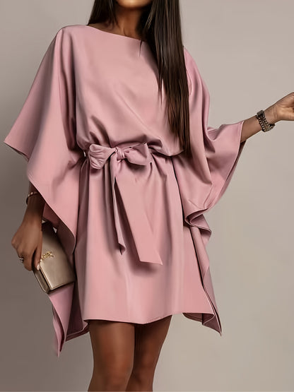 Elegant Light Pink Dress for Women with V Neck Batwing Sleeve Belted Flowing Style