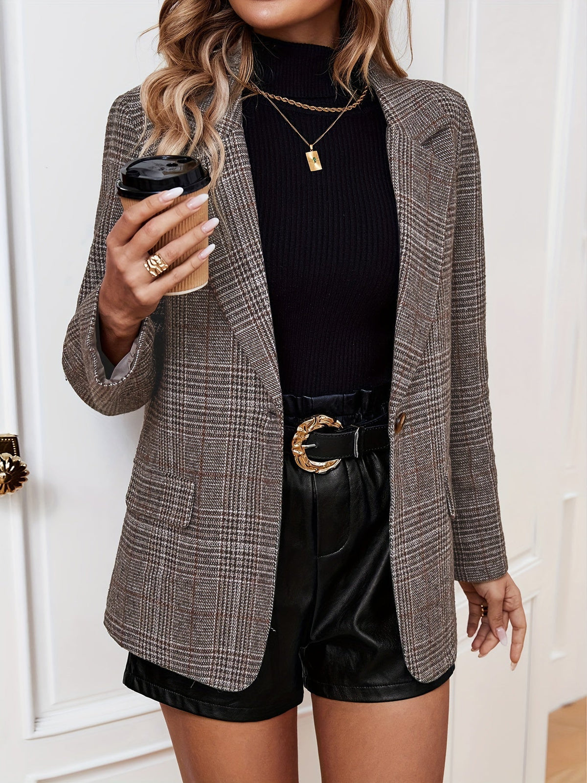 Elegant Brown Plaid Blazer for Women with Notched Lapel Long Sleeve Single Button Houndstooth Style