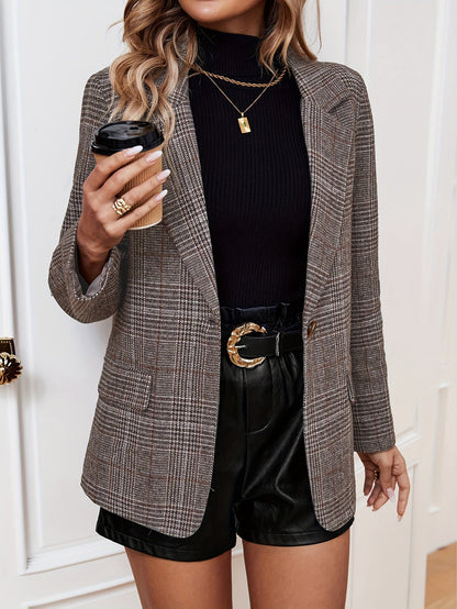 Elegant Brown Plaid Blazer for Women with Notched Lapel Long Sleeve Single Button Houndstooth Style