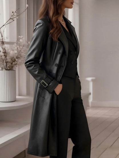 Elegant Black Faux Leather Trench Coat for Women with Notched Lapel Long Sleeve Double Breasted Belted Style
