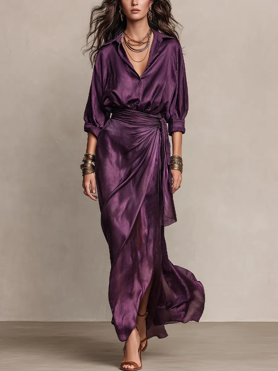 Elegant Purple Dress for Women with Collar V Neck Bell Sleeve Satin Wrap Draped Flowing Style