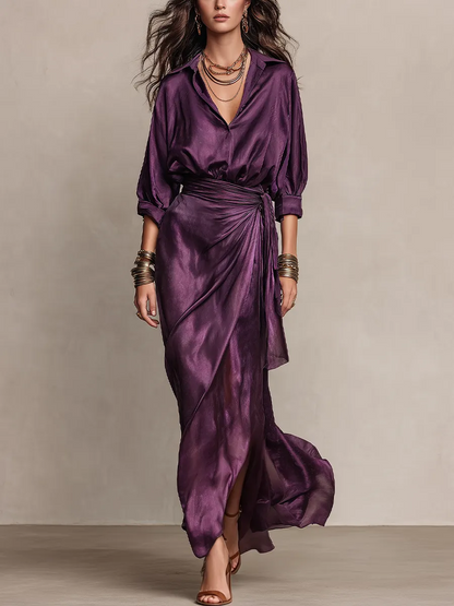 Elegant Purple Dress for Women with Collar V Neck Bell Sleeve Satin Wrap Draped Flowing Style