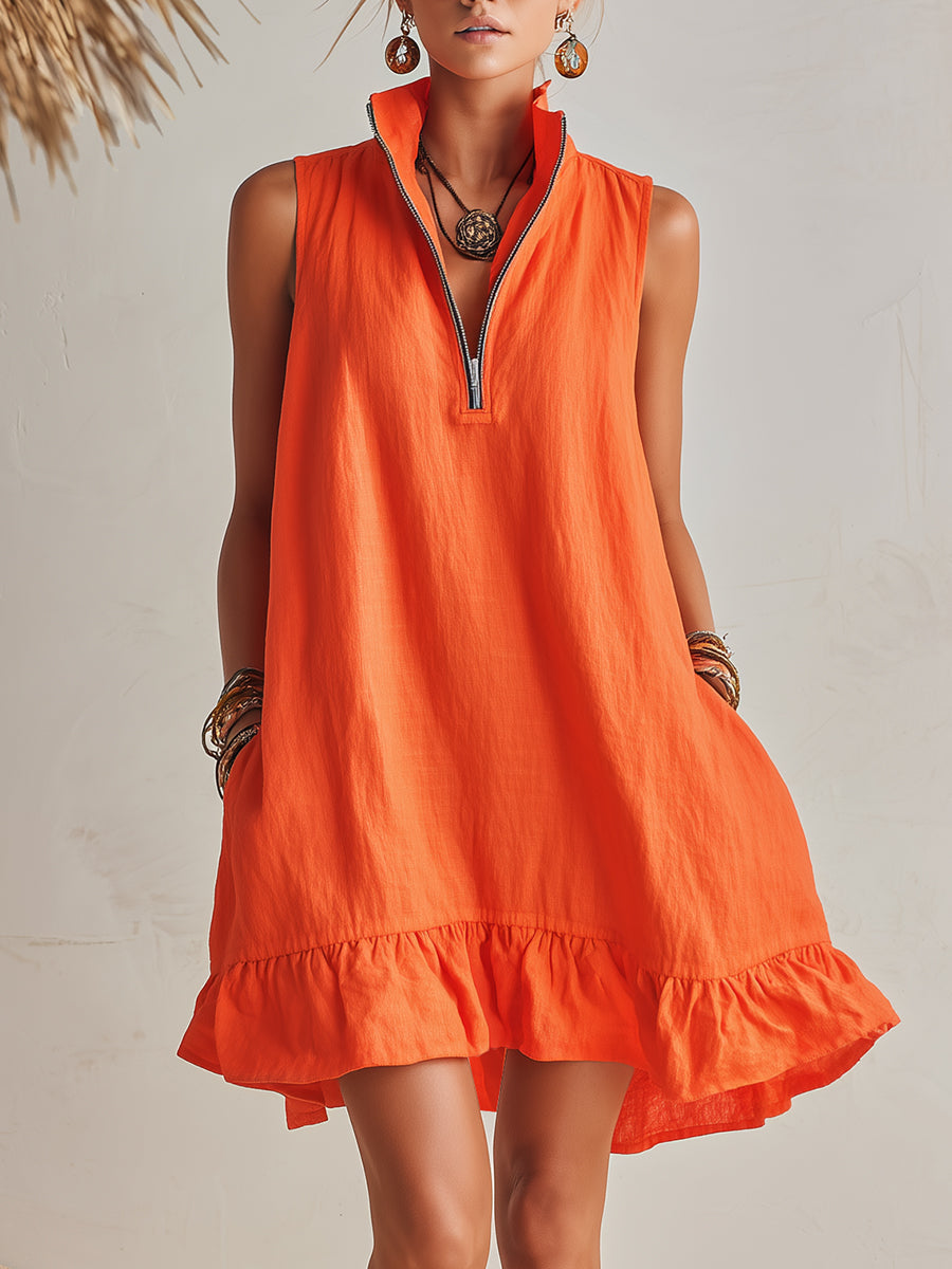 Effortless Linen Mini Dress for Women with Zip Collar Sleeveless Ruffle Hem Flowing Style