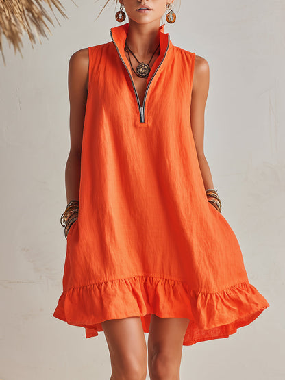 Effortless Linen Mini Dress for Women with Zip Collar Sleeveless Ruffle Hem Flowing Style