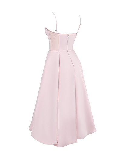 Elegant Bustier Midi Dress for Women with Sweetheart Neckline Spaghetti Strap Tulle Hem Flowing Style