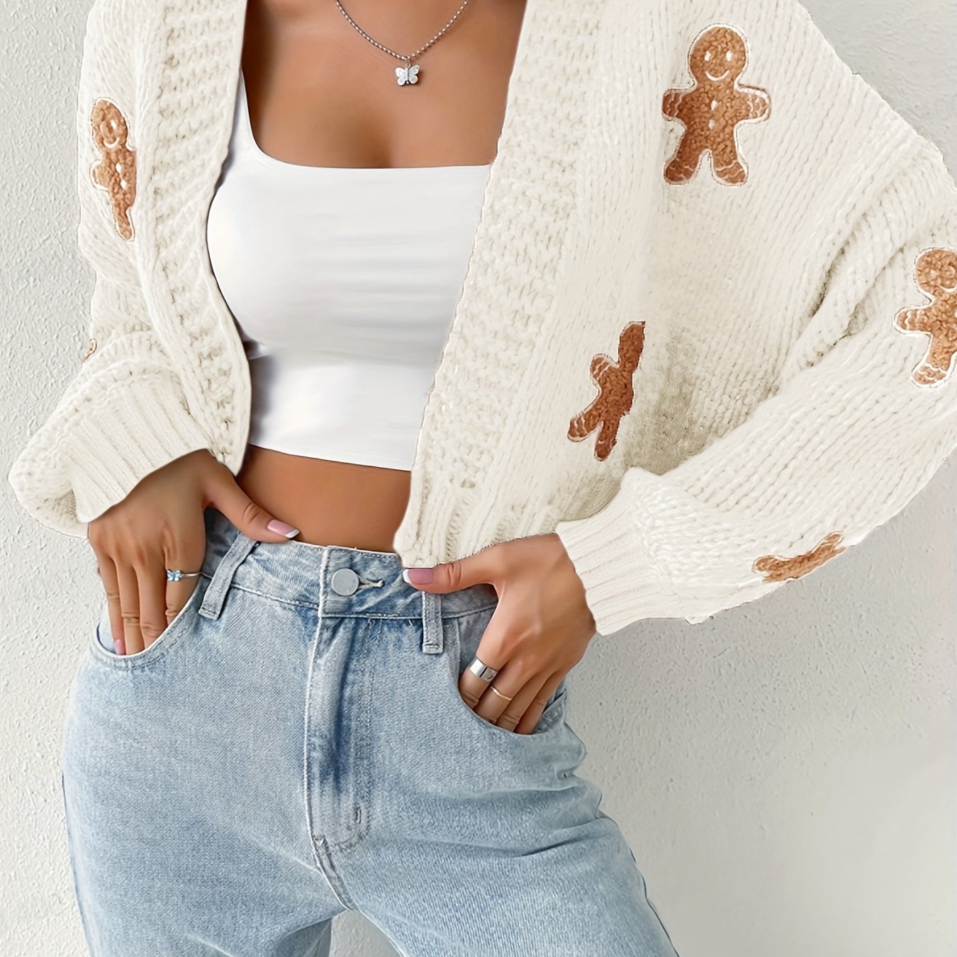 Cozy Gingerbread Christmas Cardigan Sweater for Women with Open Front Long Sleeve Knit Holiday Style
