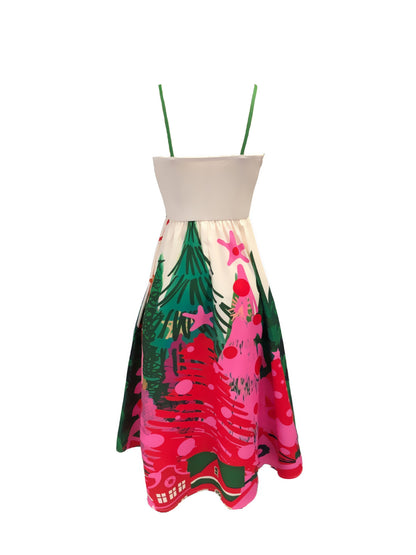 Elegant Festive Print Christmas Party Dress for Women with Scoop Neck Spaghetti Strap A Line Holiday Style