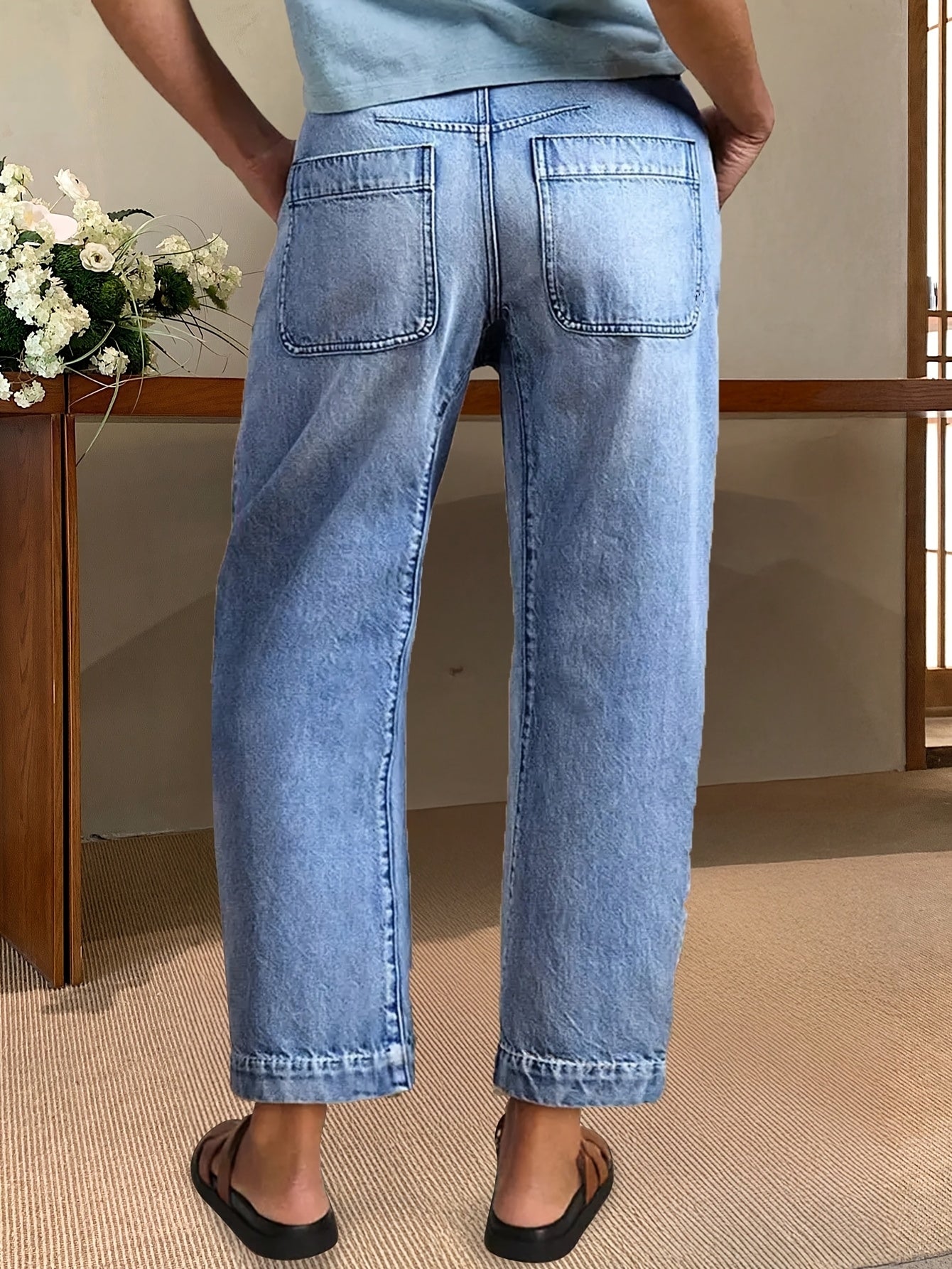 Effortless Light Blue Denim Mom Jeans for Women with High Waist Patch Pocket Tapered Ankle Slit Style