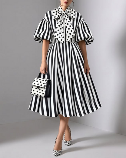 Elegant Black and White Polka Dot Dress for Women with Bow Tie Collar Balloon Sleeve Striped Fit and Flare Style