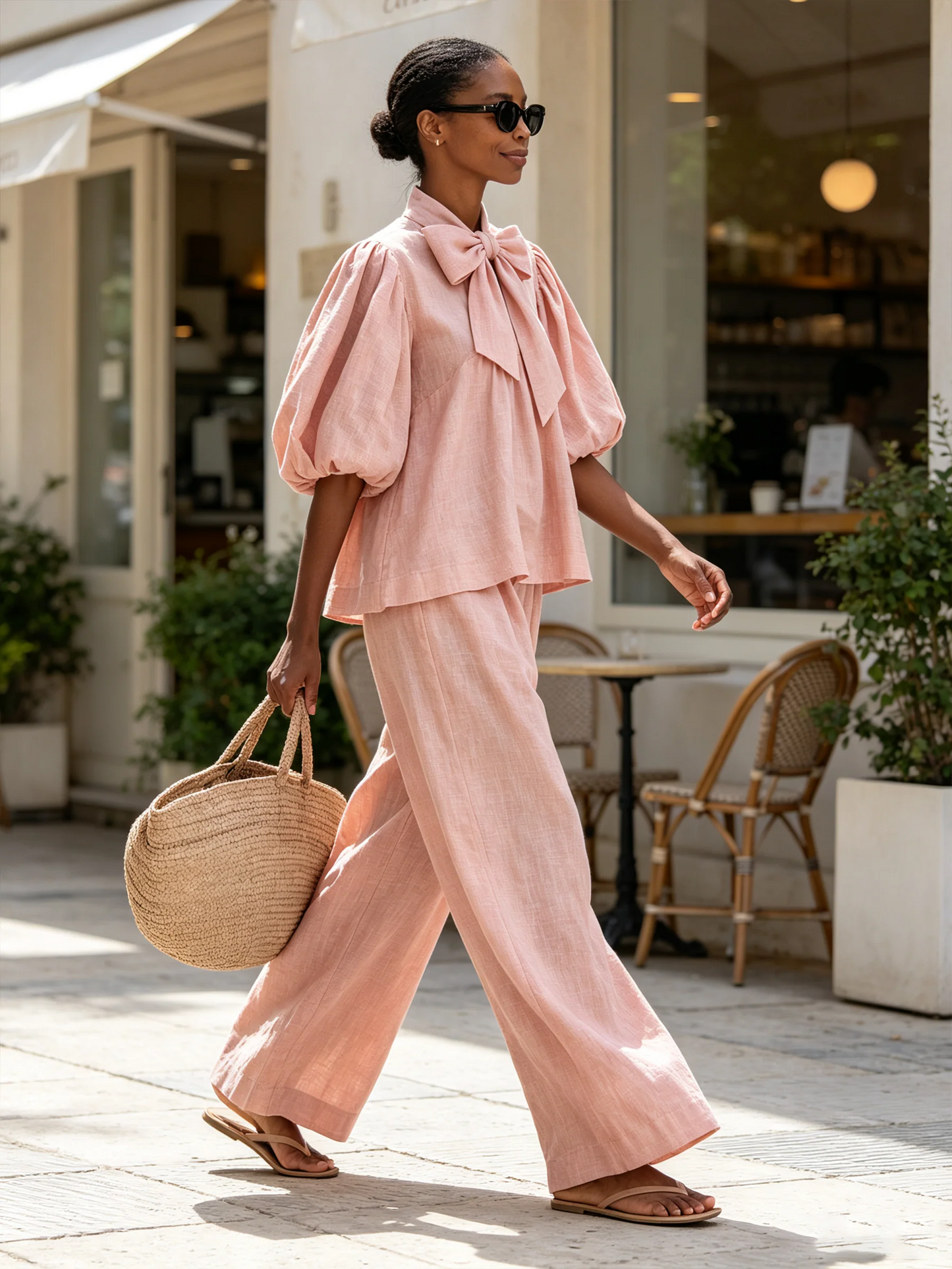Elegant Pink Linen Pants for Women with Tie Neck Balloon Sleeve Wide Leg Relaxed Style