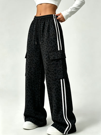 Effortless Leopard Print Cargo Pants for Women with High Waist Drawstring Wide Leg Relaxed Style