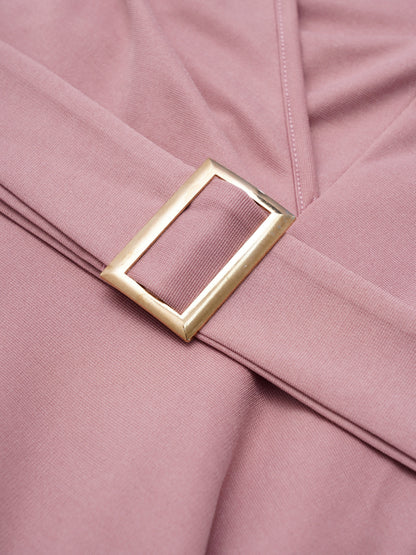 Elegant Light Pink Dress for Women with V Neck Three Quarter Sleeve Belted A Line Wrap Style