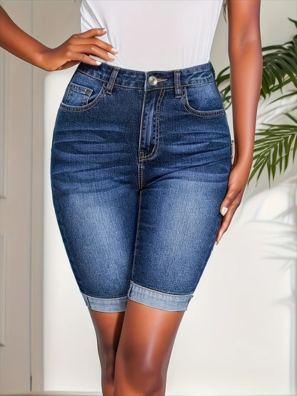 Stylish Blue Denim Shorts for Women with High Waist Rolled Cuff Bermuda Slim Fit Casual Style