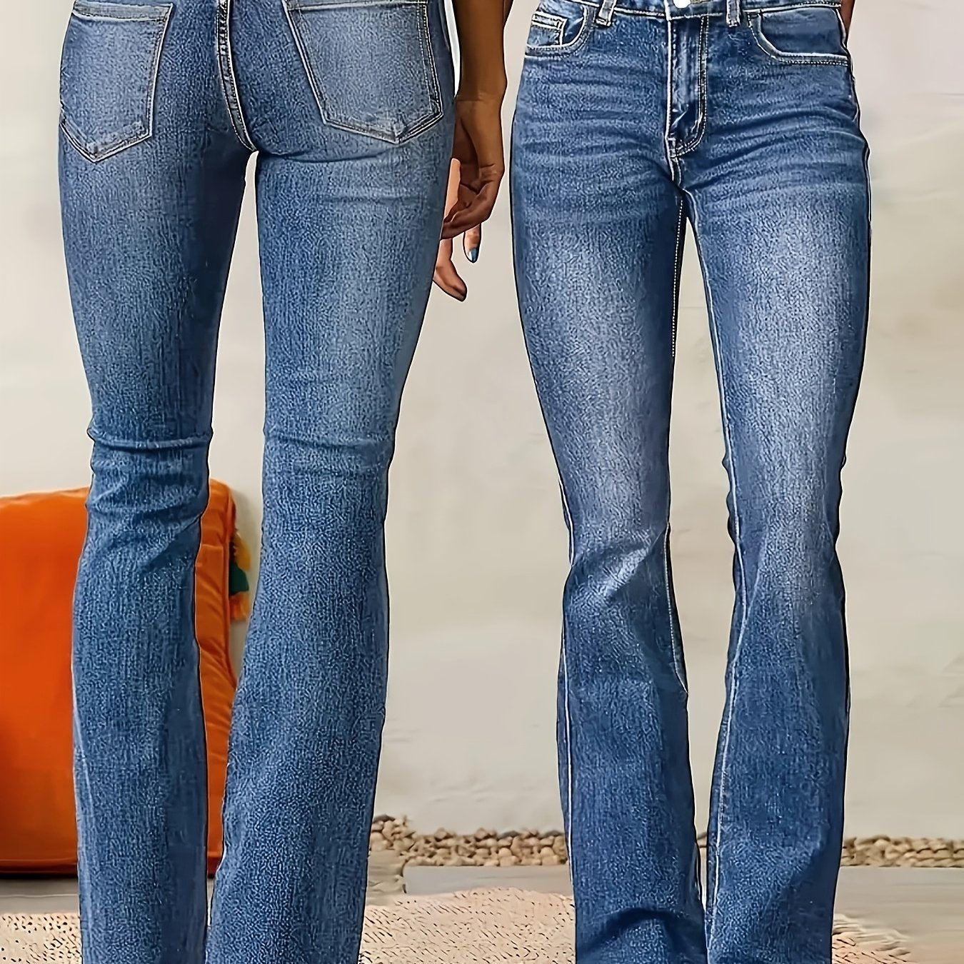 Effortless Medium Blue Flare Jeans for Women with High Waist Button Front Bootcut Relaxed Style