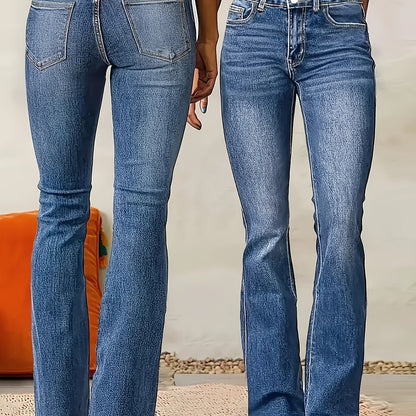 Effortless Medium Blue Flare Jeans for Women with High Waist Button Front Bootcut Relaxed Style