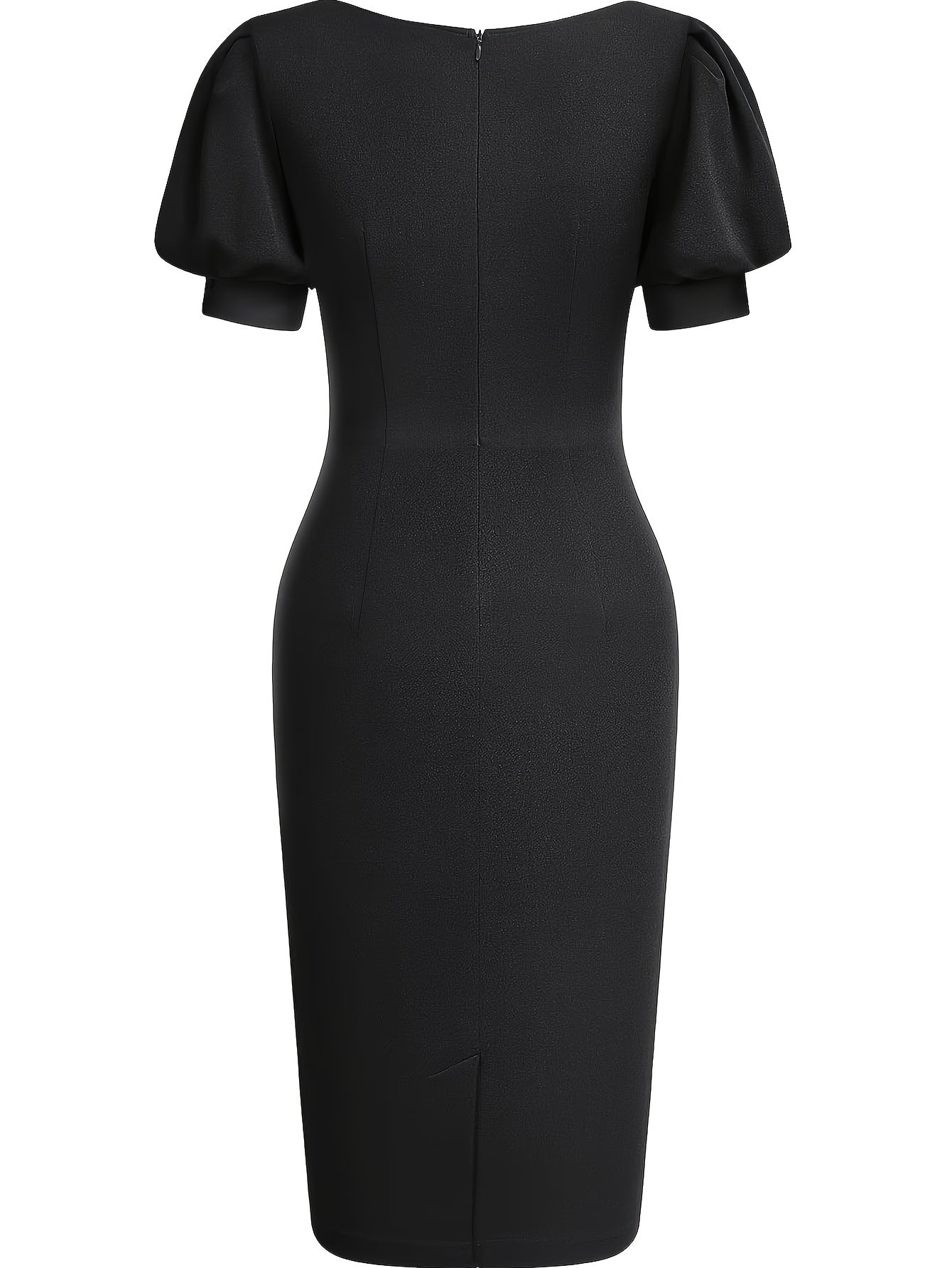 Elegant Cocktail Dress for Women with Scalloped V Neck Puff Sleeve Bodycon Knee Length Party Style