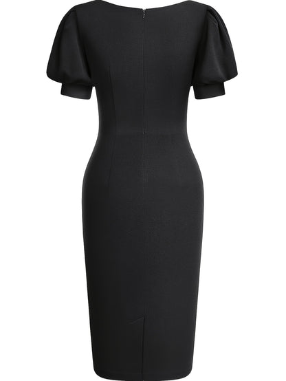 Elegant Cocktail Dress for Women with Scalloped V Neck Puff Sleeve Bodycon Knee Length Party Style