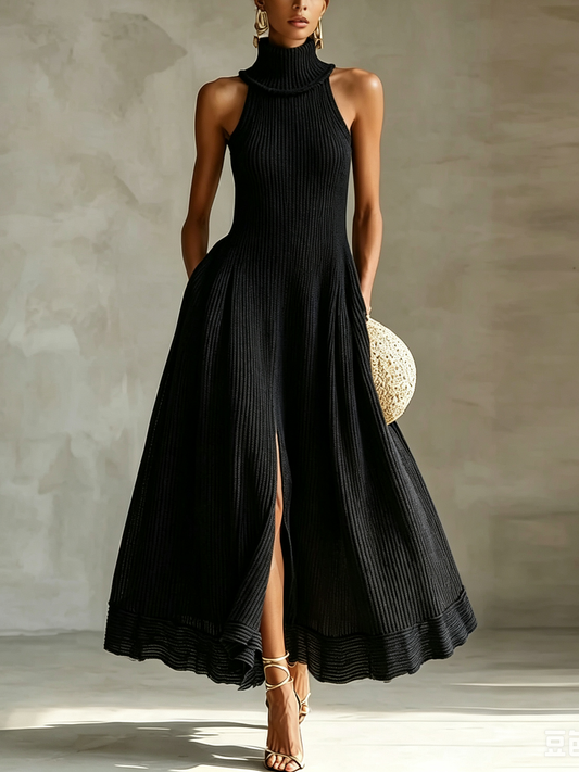 Elegant Black Tie Dress for Women with Turtleneck Sleeveless High Slit Flowy A Line Style