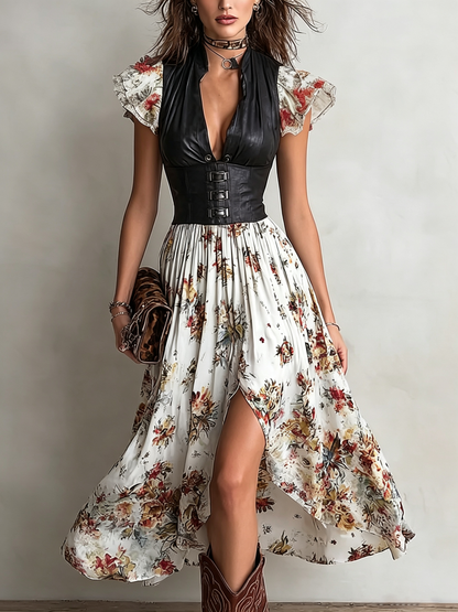 Elegant Floral Midi Dress for Women with Deep V Neck Corset Waist Puff Sleeve High Slit Style