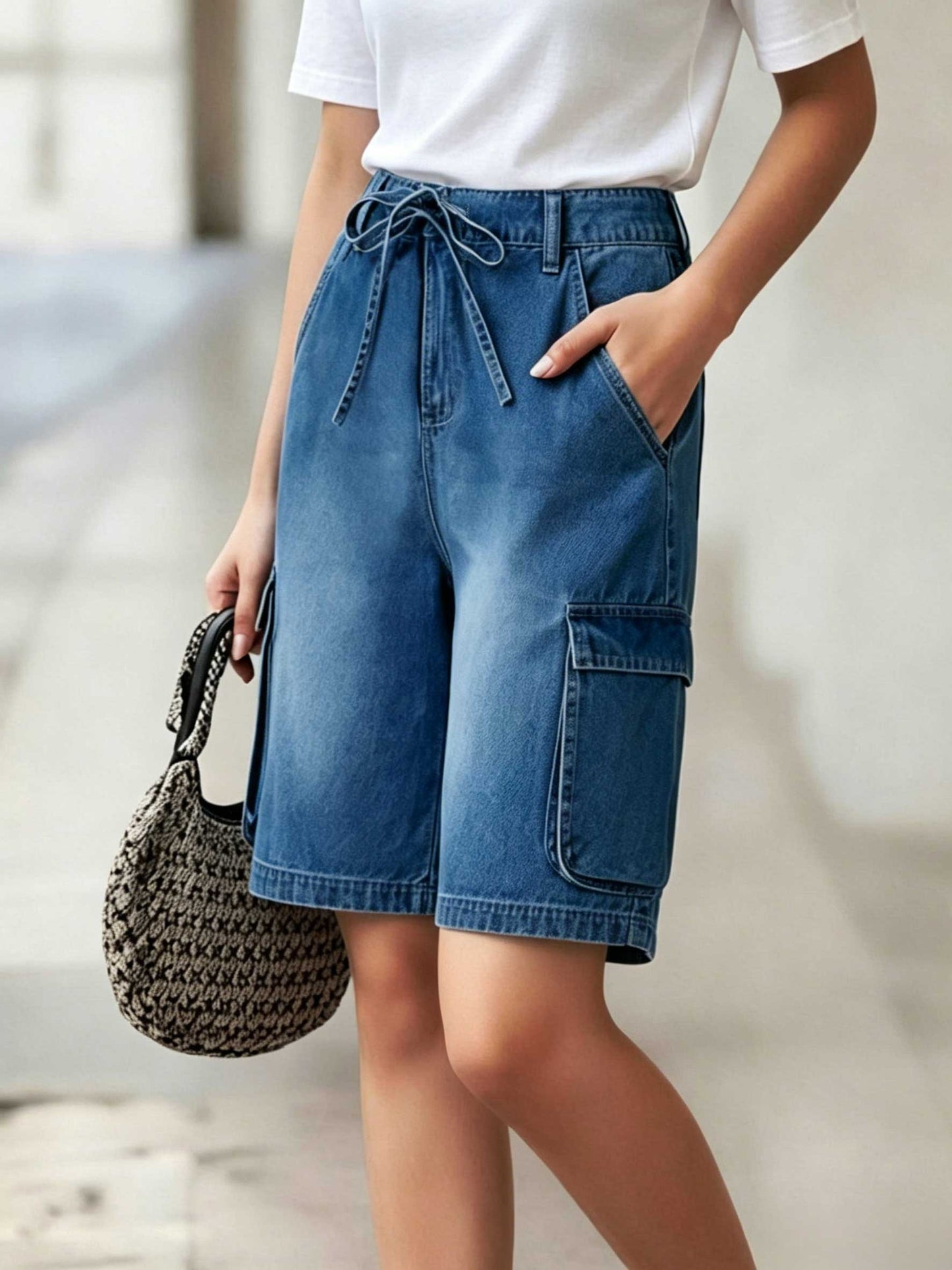 Effortless Blue Denim Cargo Jean Shorts for Women with High Waist Tie Waist Utility Pockets
